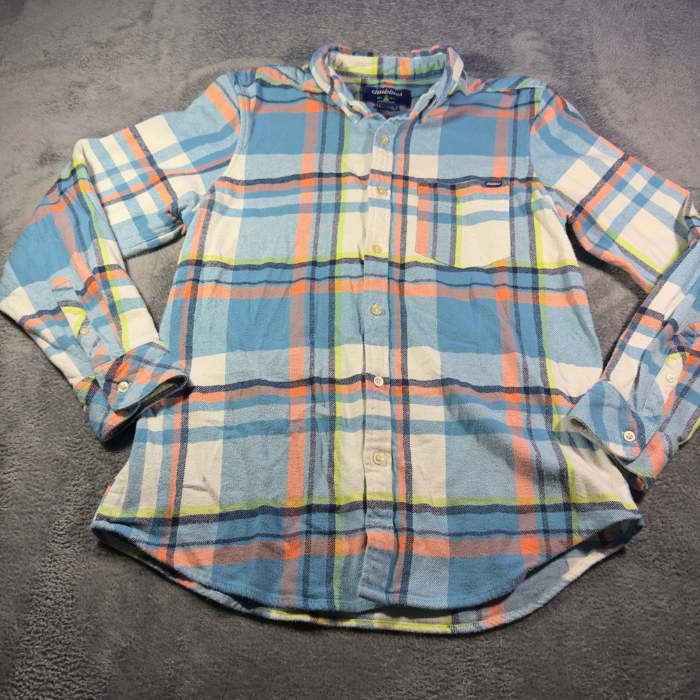 Chubbies Mens Large Flannel Button Down Shirt Blue Orange Plaid Long Sleeve